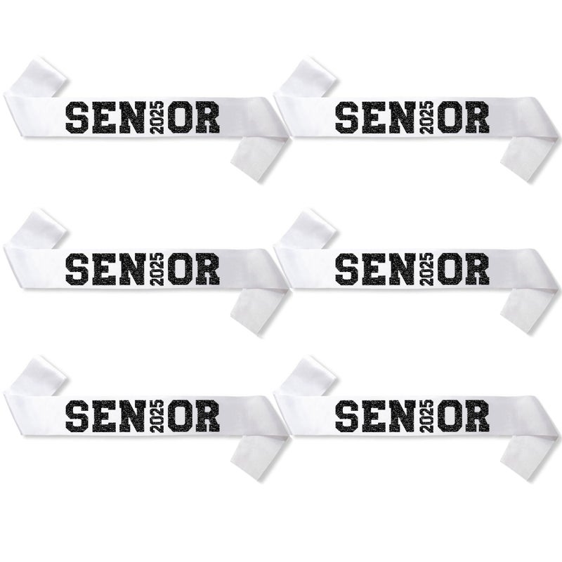 Partyprops 6Pcs White Senior 2025 Satin Sashes with Black Glitter Letters Senior 2025 Decorations - 2025 Graduation Celebrations Sashes - Senior Cheer Sash - Cheerleader Sash - Class Competition Sashes - Image 1